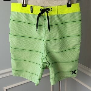 HURLEY Green Neon Striped Front‎ Tie Beach Pool Boardshort Swim Trunks 12/26